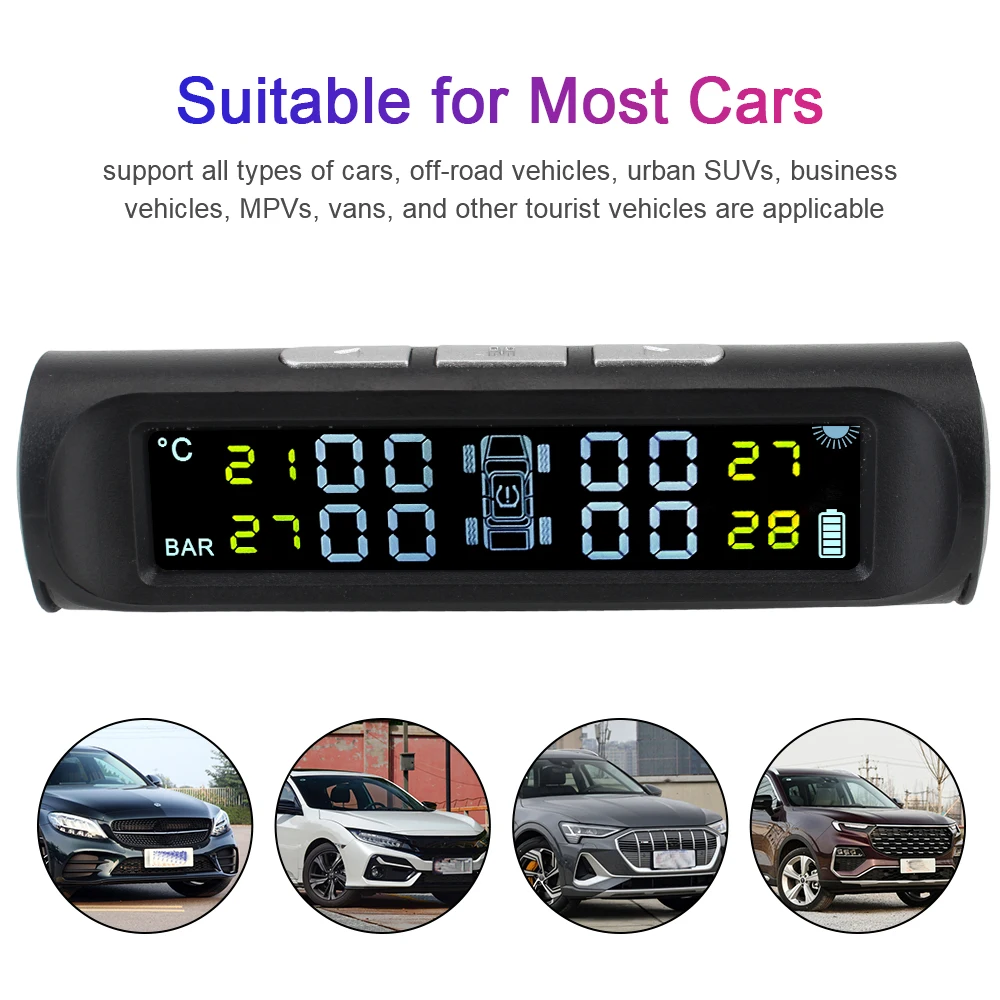 Tyre Pressure Monitoring System Digital LCD Display Solar TPMS Universal with 4 External Sensors