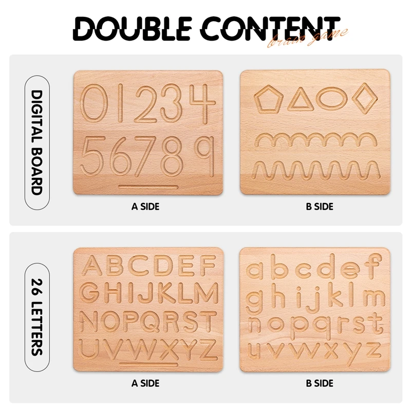 ของเล่นภาษามอนเตสซอรี่ทำจากไม้สองด้านตัวอักษรภาษาอังกฤษ0-9ตัวเลขกระดานเขียนความรู้ความเข้าใจของเล่นเพื่อการศึกษาในช่วงต้นของเด็ก