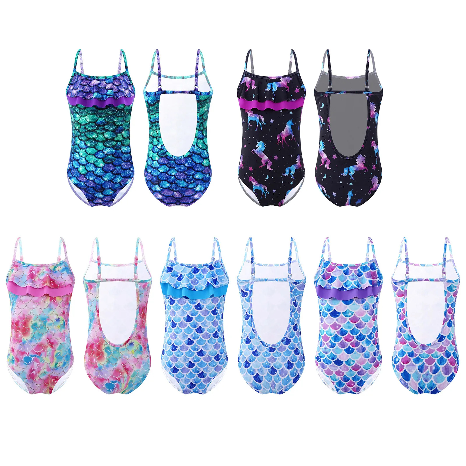 Kids Teens Girls Ruffled Swimwear One-piece Jumpsuit Fish Scales Horse Printed Swimsuits Bodysuit Children Swimming Bathing Suit