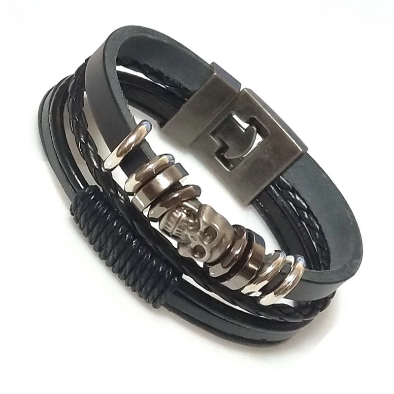 Black/Brown Lucky Vintage Men\'s Skull Leather Bracelet Charm Multilayer Braided Women Pulseira Masculina