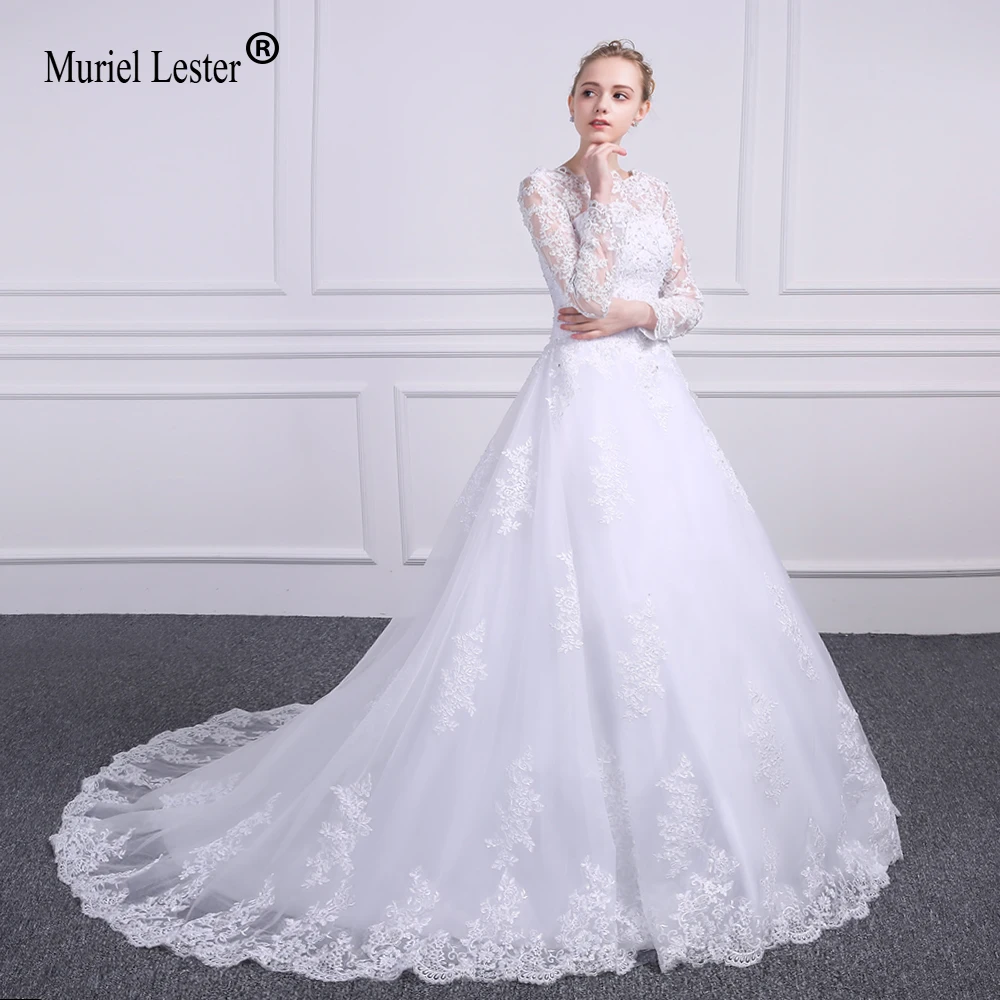 Vestidos de novia de manga larga de encaje, línea A, Blanco/Marfil, apliques de cuello redondo, novia de tul Gelinlik 2020 H111, 2020