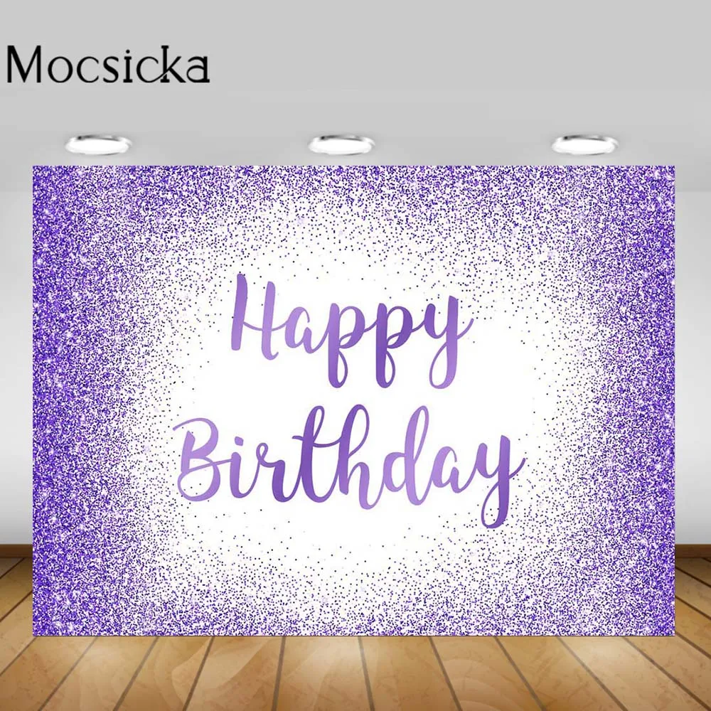 

Mocsicka Glitter Happy Birthday Backdrop Purple Polka Dot Women Birthday Party Decoration Photo Background Wedding Custom Poster