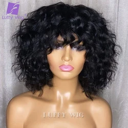 Short Bouncy Curly Human Hair Wig with Bangs Scalp Base Top Full Machine Made Wig with Bangs 180% Brazilian Remy Hair Wigs