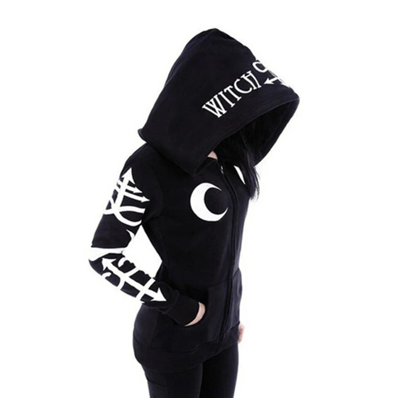 Women Hoodies Halloween Punk Moon Letters Skull Print Sweatshirts Spring Autumn Long Sleeve Black Jacket Zipper Hip Hop Coat