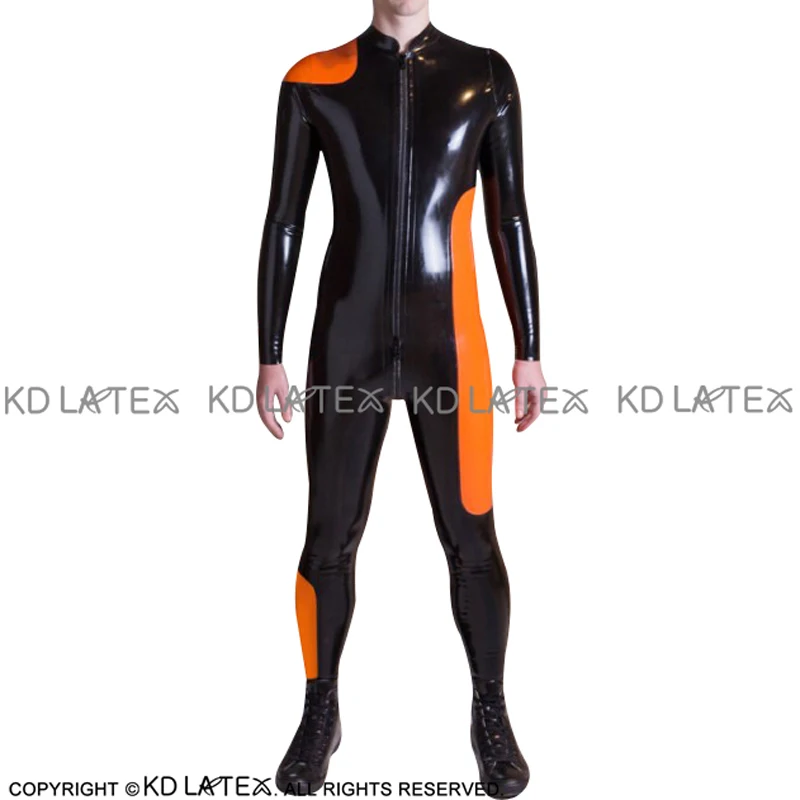 Black And Orange Trims At Sides Sexy Latex Catsuit Front To Crotch Zipper Rubber Bodysuit Zentai Overall Body Suit LTY-0266