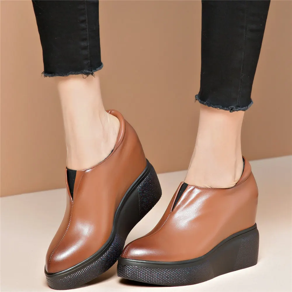 Platform Pumps Shoes Women Genuine Leather Chunky High Heels Ankle Boots Female Round Toe Wedges Fashion Sneakers Casual Shoes