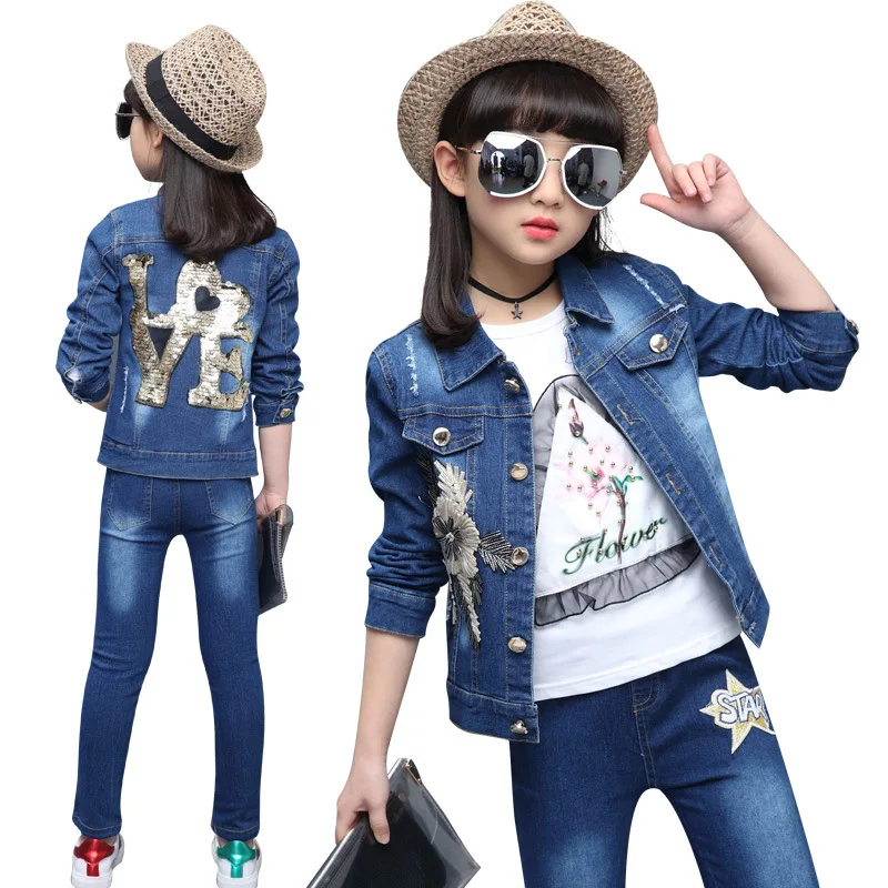 

Kid Pants Suit Kids Clothes Girls Denim Jacket+Jeans 2Pcs Suit For Girl Floral Sequined Girls Clothing Autumn Girls Casual Coat