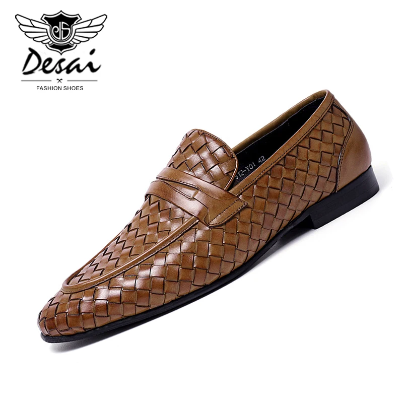 New British Style Business Dress Top Leather  Shoes Men Casual Soft Light Lazy Shoes Men Slip-On Woven Loafer Shoes