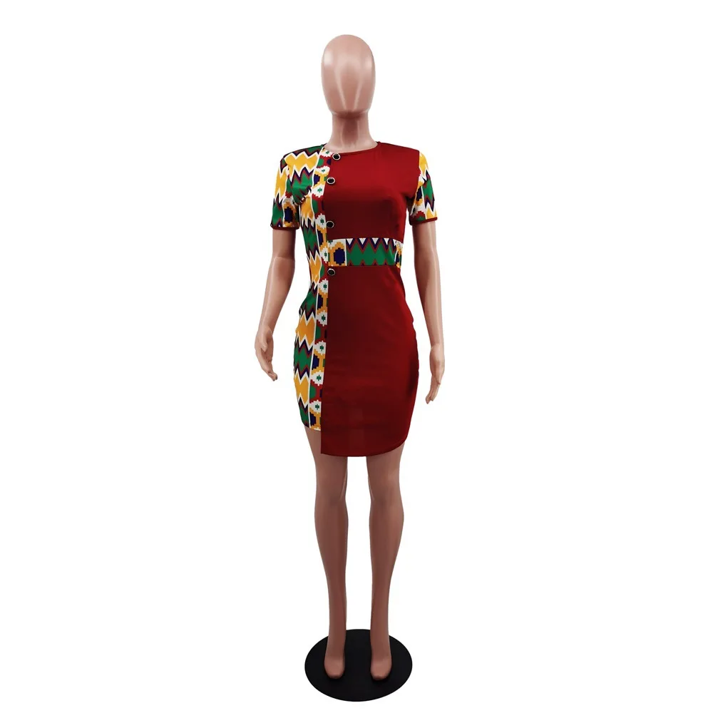 2021 Summer Sexy African Women Printing Polyester O-neck Mini Dress African Dresses for Women African Clothes European Clothing