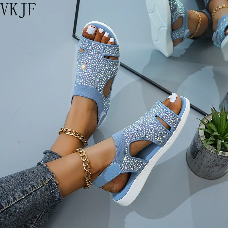 2023 New Summer Women Sandals Sexy Shoes Crystal Casual Woman Flats Buckle Strap Ladies Fashion Beach Shoe Big size 36-43