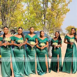 Emerald Green Shiny Satin Bridesmaid Dresses With Streamer Off The Shoulder Side Slit Long Wedding Party Dress Vestido De Fiesta