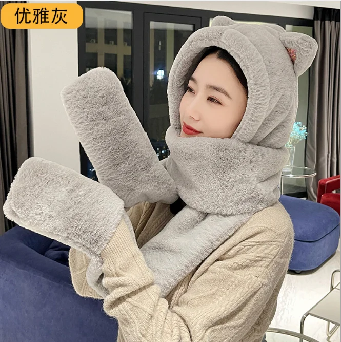 Hat Female Autumn Winter Scarf Hat Gloves One Three Piece Fox Ear Warm Ear Protection Cold Hat Girl Outdoor Grey