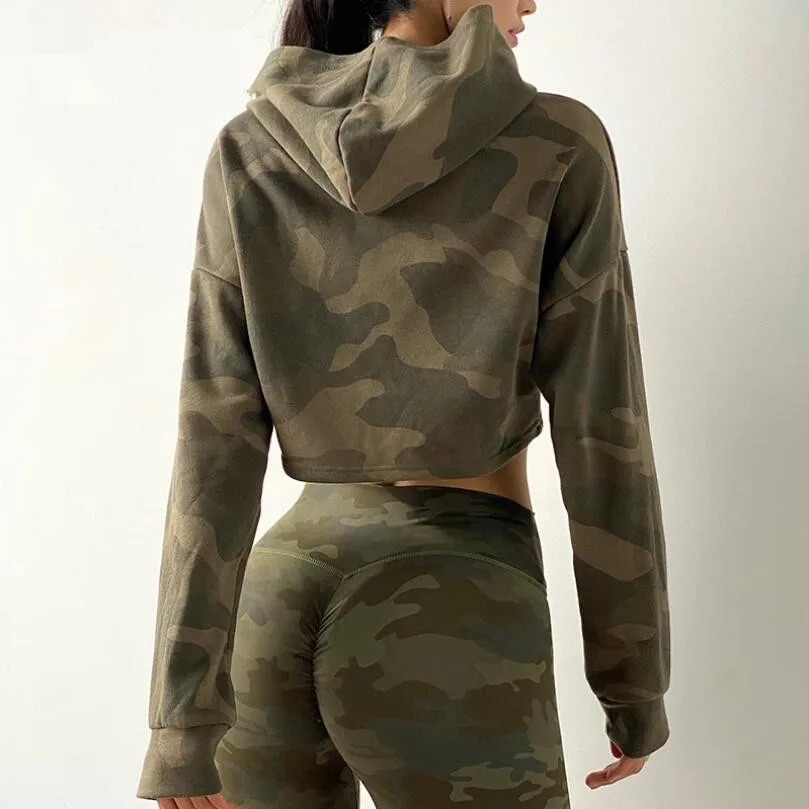 Women Camouflage Running Jacket Hooded Gym Sport Sweatshirts Femme Jogger Fitness Hoodie Long Sleeve Yoga Shirts Crop Top w913