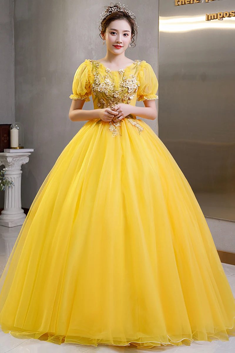 freeship yellow bubble short sleeve ball gown Renaissance Gown queen Victorian/Marie Antoinette Belle