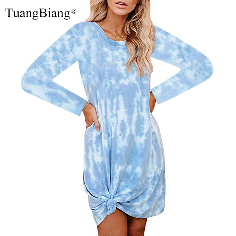 

Autumn Tie-dye Loose long sleeve Blue Dress O-neck 2020 Ladies party A-Line print Dress Casual Fashion Winter Knee-Length Dress