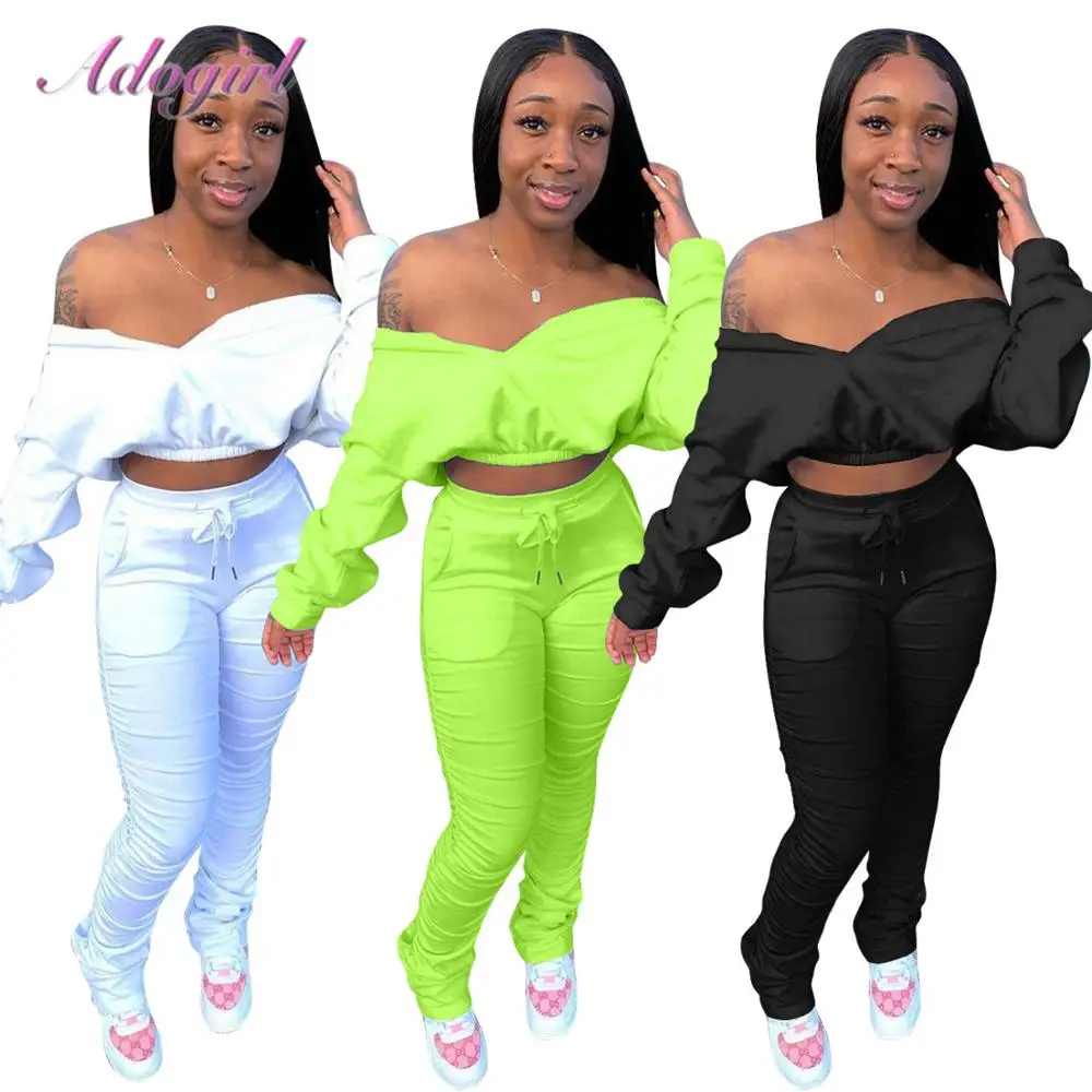 Women Autumn Two Piece Set Casual Batwing Sleeve Crop Tops Sweatshirts Stacked Joggers Pants Suit Outfit Sport Tracksuit Fitness