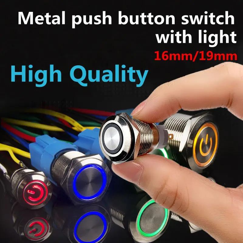 12/16/19/22mm Waterproof Metal Push Button Switch LED Light Momentary Latching Car Engine Power Switch 5V 12V 24V 220V Red Blue