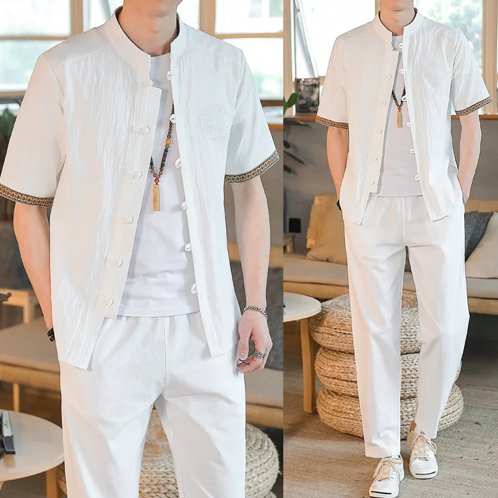 

Tracksuits Men Summer Mens Linen Shirt Suit Male Streetwear Jogger Sweatsuits Shirts+Long Pants Tracksuit For Men 2 Pieces Set