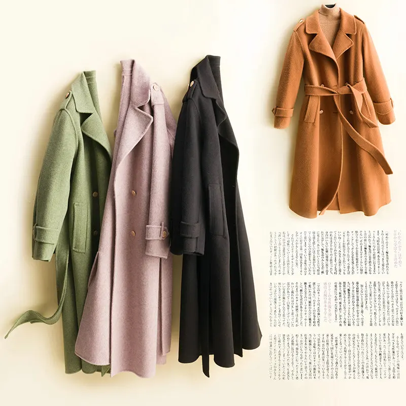 MODERN NEW SAGA 100% Wool Women Coat Autumn Wool Tweed Coat Winter Wool Long Coats Cashmere Overcoat Vintage Belt Oversized Coat