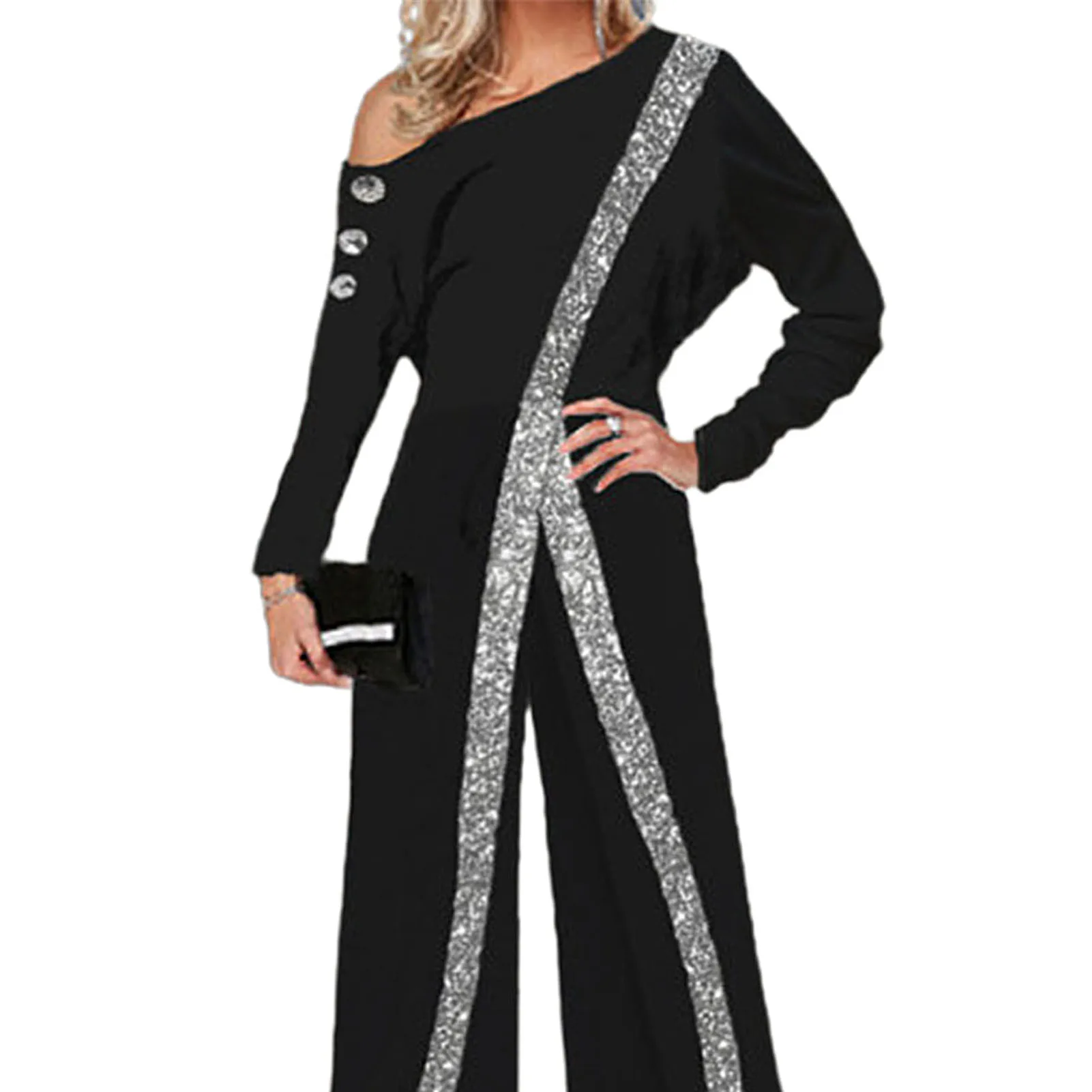 Mulheres Macacão Listrado Brilho Lantejoula Partido Jumpsuit Elegante Strapless Romper Senhora Primavera Outono Calças Perna Larga боди женское