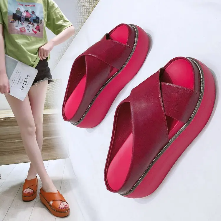 High Heels Women Wedges Slippers Fashion Pu Leather High-heeled Women Flip-flops Thick Heels Women Slippers De Mujer456