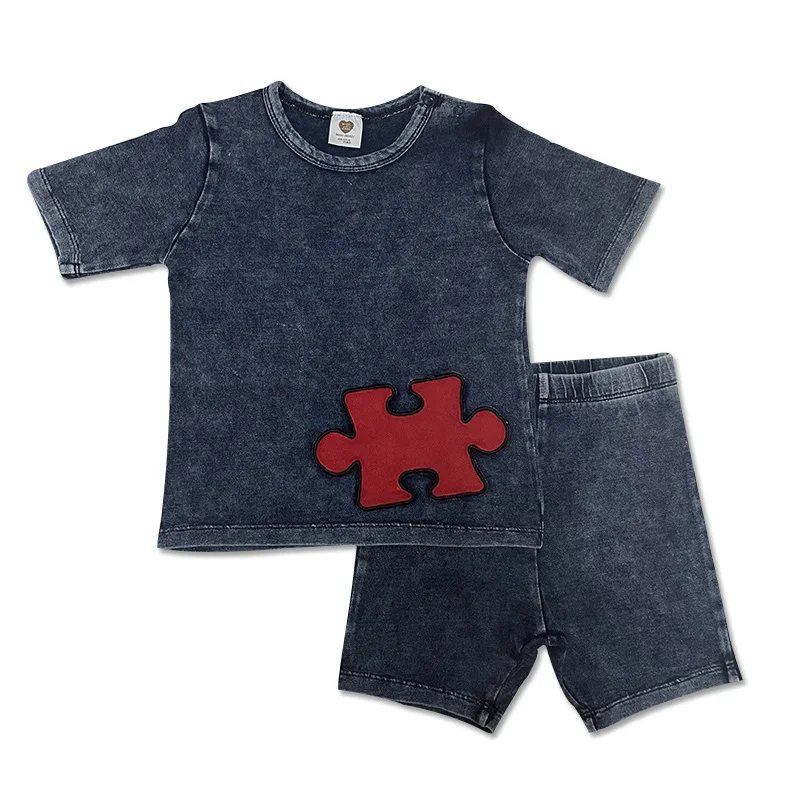 Baby summer clothes set top and pants knitted denim kids clothes boy and girl clothes round neck short sleeves with red patches