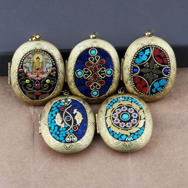 Tibetan Golden Bible Prayer Box Pendant Opening Oval Floating Photo Frame Locket Buddha Amulet Lockets for Diy Necklace Jewelry