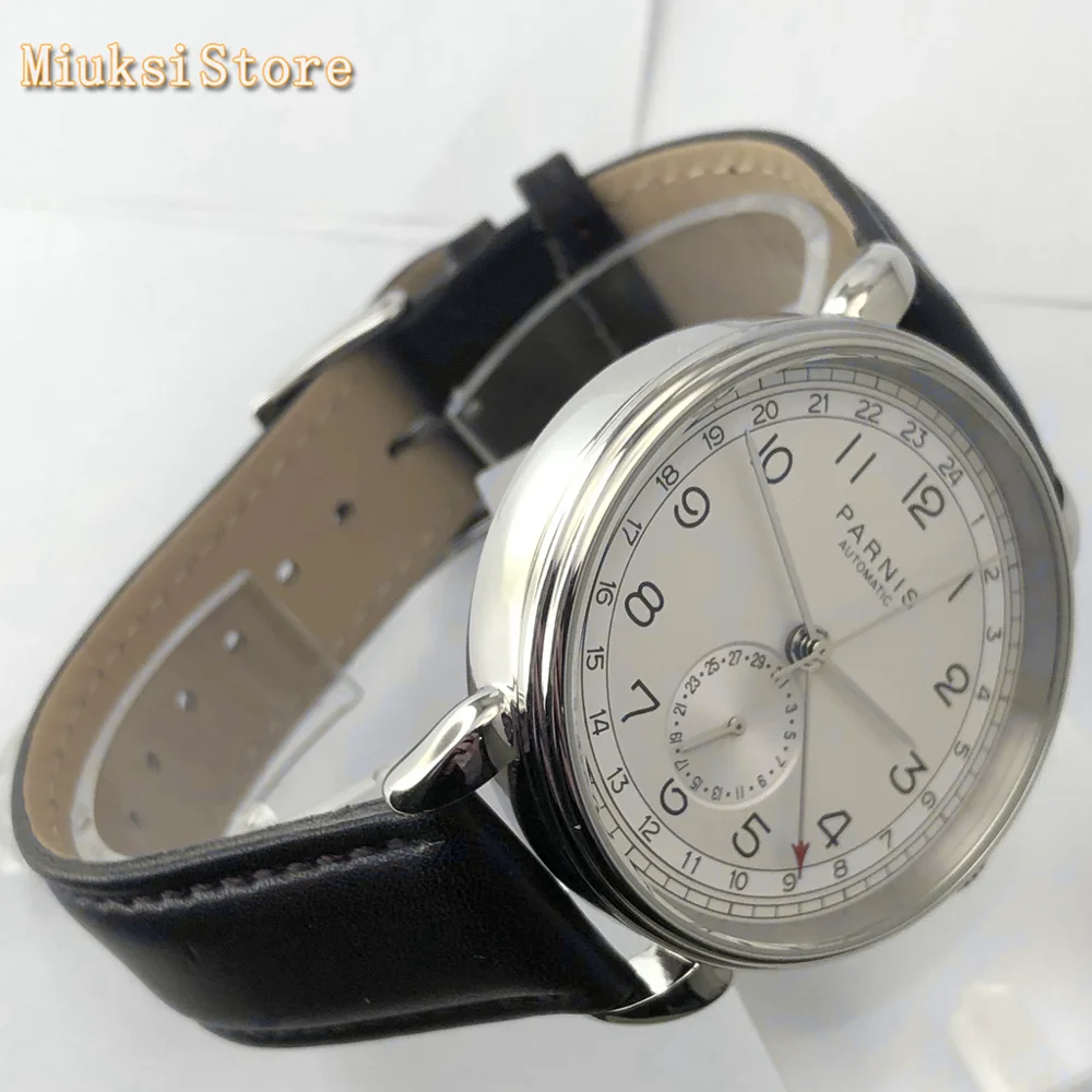 42mm Parnis automatic mechanical watch silver case GMT arab mark date window leather mens top watch