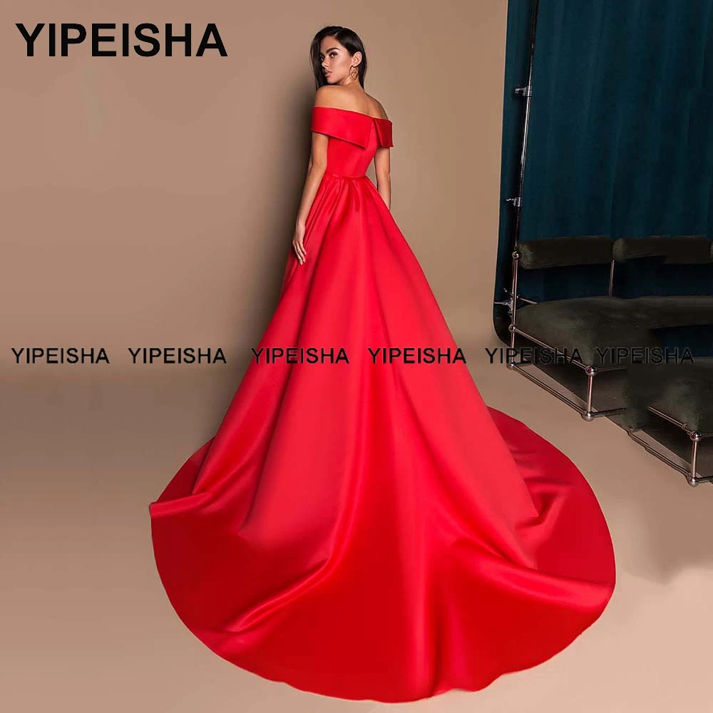 Yipeisha fora do ombro rosa vestidos de baile até o chão uma linha fenda vermelho cetim vestido de festa de casamento plus size formal vestido de noite