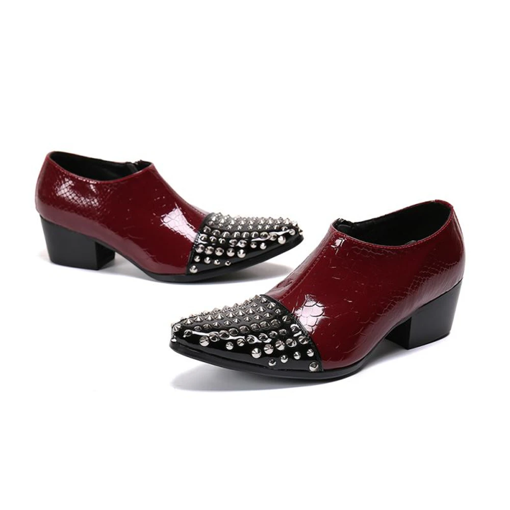 

Red Patent Leather Pointed Toe High Heels Dress Shoes Men Genuine Leather Rivets Wedding Shoes