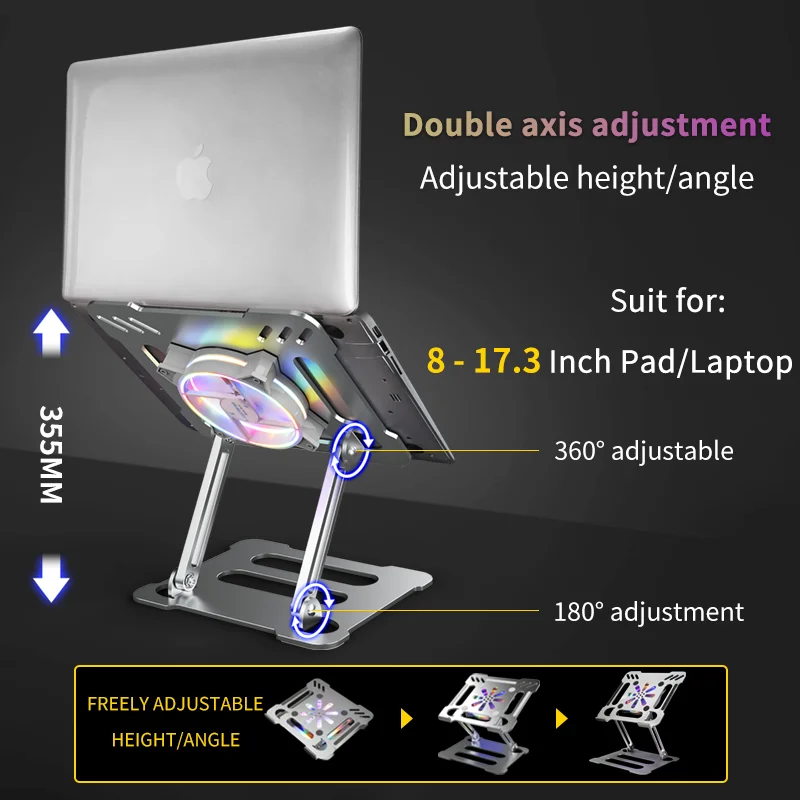 Soporte plegable para portátil con ventilador de refrigeración, antideslizante, ajustable, de aleación de aluminio, para tableta, Compatible con 10-17,3 pulgadas