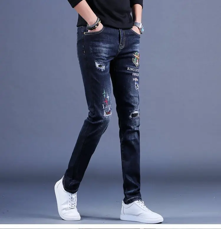 Men’s Light Luxury Blue Denim Pants,Slim-fit Stretch Embroidery High Quality Jeans,Ripped Patches Casual Jeans,Youth Must;