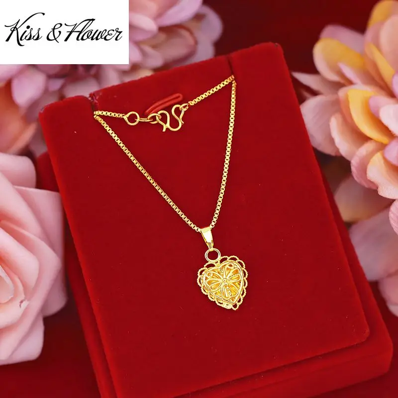 KISS&FLOWER NK81 Fine Jewelry Wholesale Fashion Woman Girl Bride Birthday Wedding Gift Vintage Heart 24KT Gold Pendant Necklaces