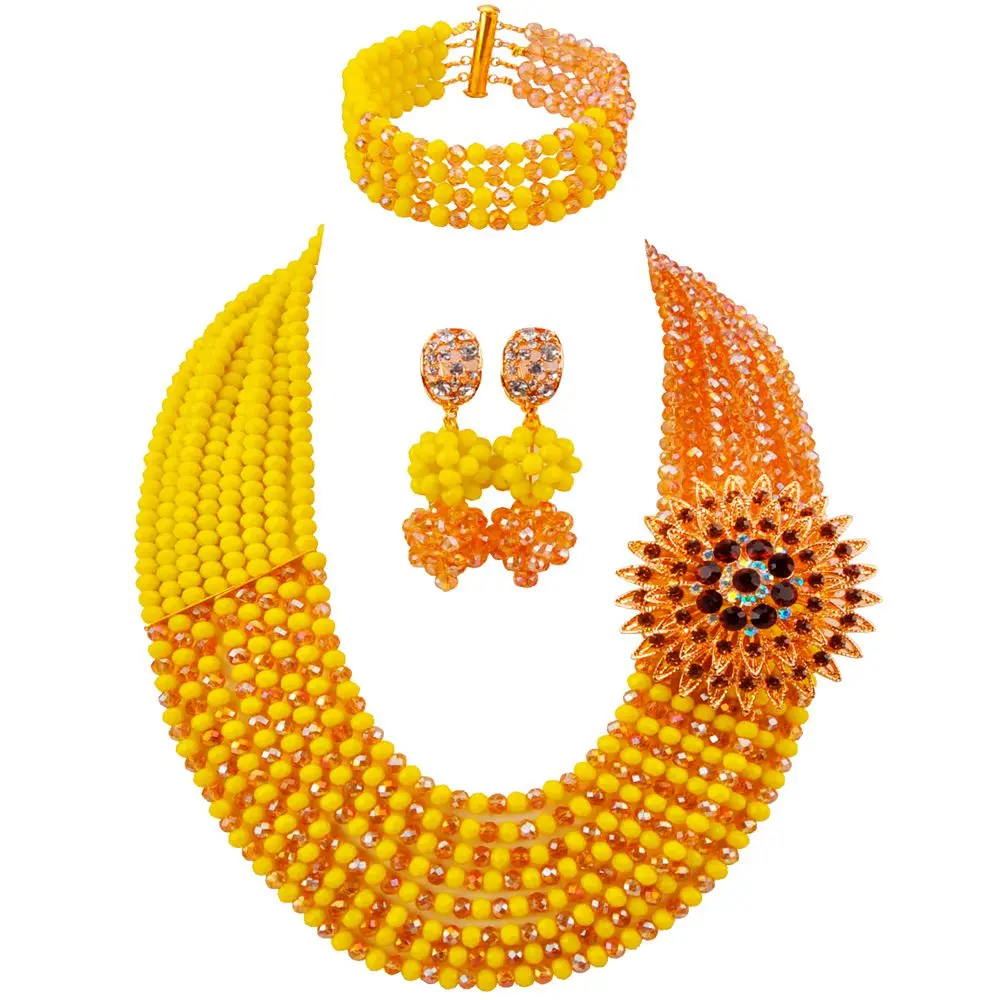 Romantic Nigerian Traditional Wedding Opaque yellow and Gold ab Crystal Wedding Jewelry African Bead Jewelry Sets SJ-07