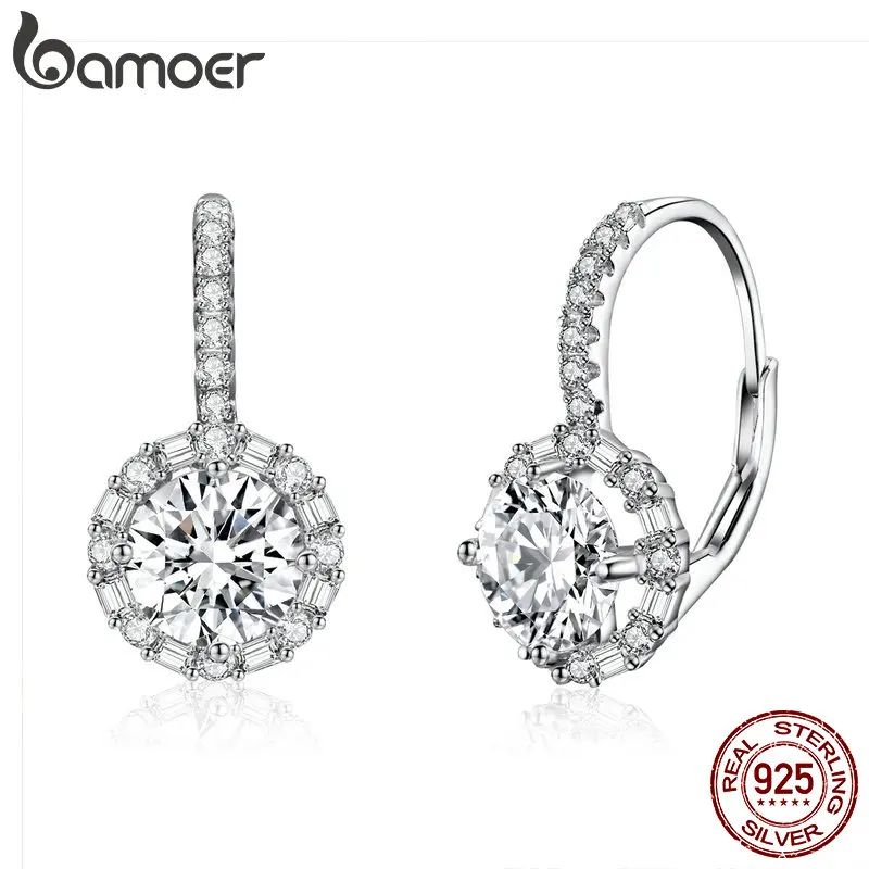 BAMOER Authentic 925 Sterling Silver Dazzling Cubic Zircon Round Zircon Drop Earrings for Women Wedding Silver Jewelry SCE508