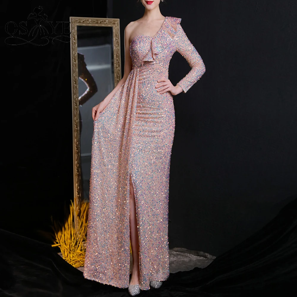 

Sparkle Pink Evening Dress Sequin One Shoulder Prom Gown Glitter Long Sleeves Fairy Party Dress Mermaid Women Split Formal Gown