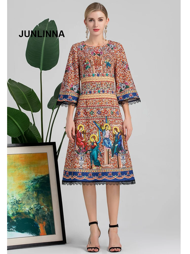 

JUNLINNA Runway Fashion Women Autumn Dress Flare Sleeve Lace Panelled Flower Print Sequined Beading Elegant Party Vestidos