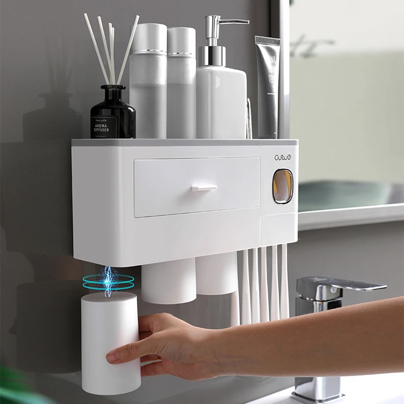 CYAN PEAK Toothpaste Dispenser With Cup Toothpaste Squeezer Wall Mount Toothbrush Holder Storage Rack Bathroom Accessories Set