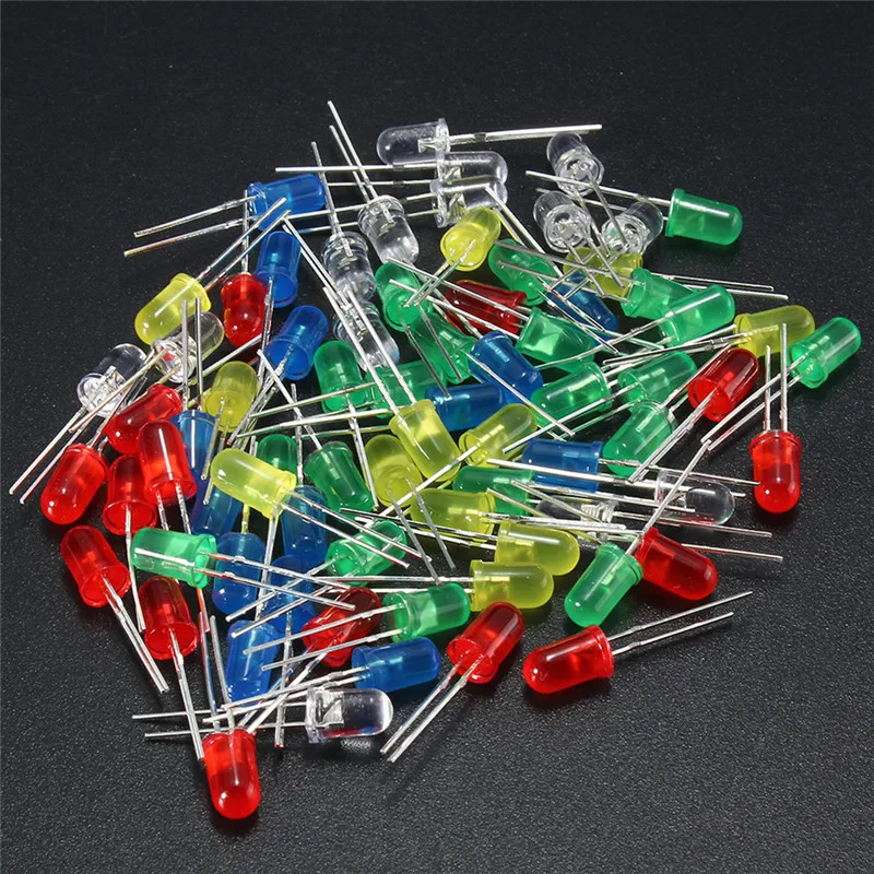 50Pcs 5mm LED Licht Dioden Runde Top Farbe Diffuse LED-Licht Emittierende Diode Weiß Gelb Rot Blau Grün lampe Assorted Kit