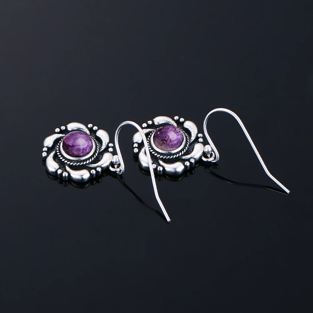 Fine Jewelry 925 Silver Earring for Women Natural Charoite Drop Earrings for Party Anniversary Gift Wholesale