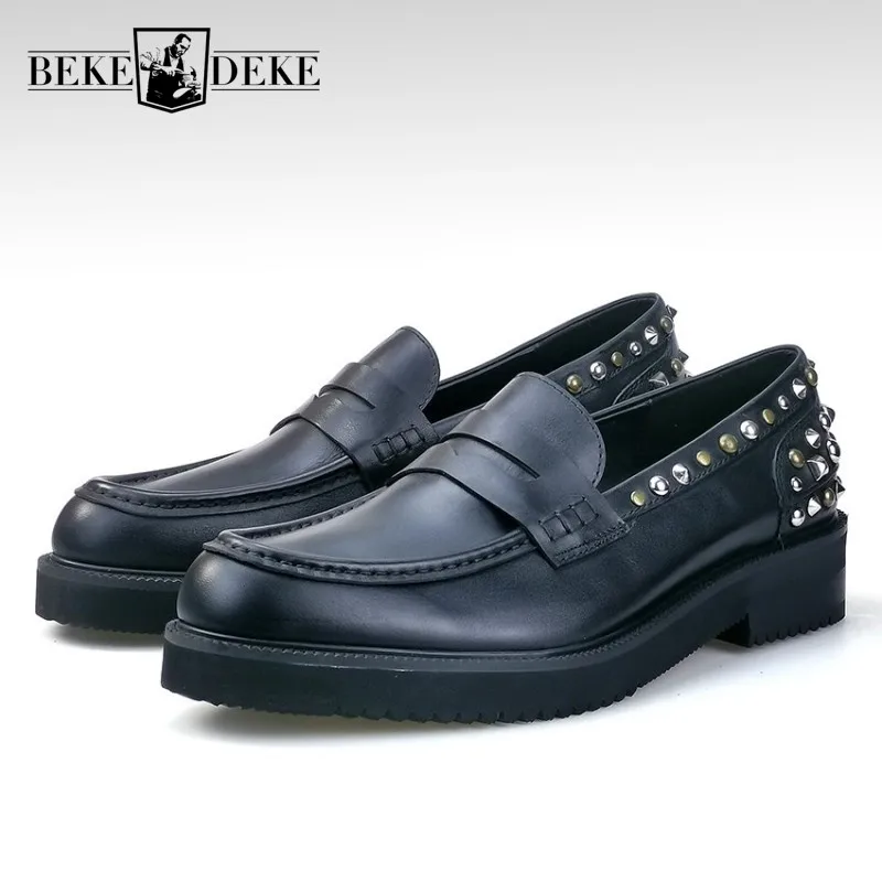 

Лоферы с заклепками, мужские туфли из натуральной кожи на платформе, увеличивающие рост, роскошные дизайнерские повседневные модельные туфли без шнуровки в деловом стиле 46