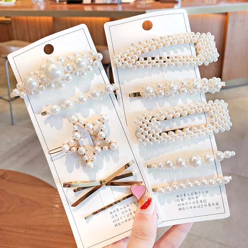 3/4/5/7/8/12 Pcs/Set Women Girls Elegant Pearls Geometric Ornament Hair Clips Female Lovely Flower Hairpins Hair Accessories