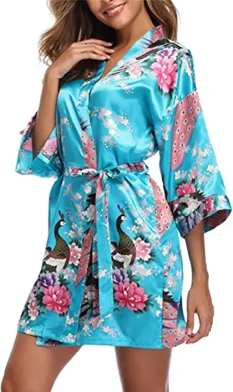 Satin Silk Women Wedding Bridemaid Robe Sexy Crane Print Bathrobe Short Long Kimono Night Gown Robe Fashion Dressing Gown Female