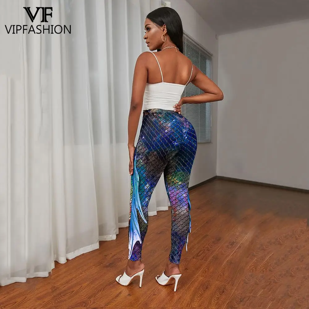 VIP FASHION nuovo arrivo divertente Colorfur squame di pesce stampato Galaxy Mermaid Leggings stretto elasticità allenamento Fitness pantaloni