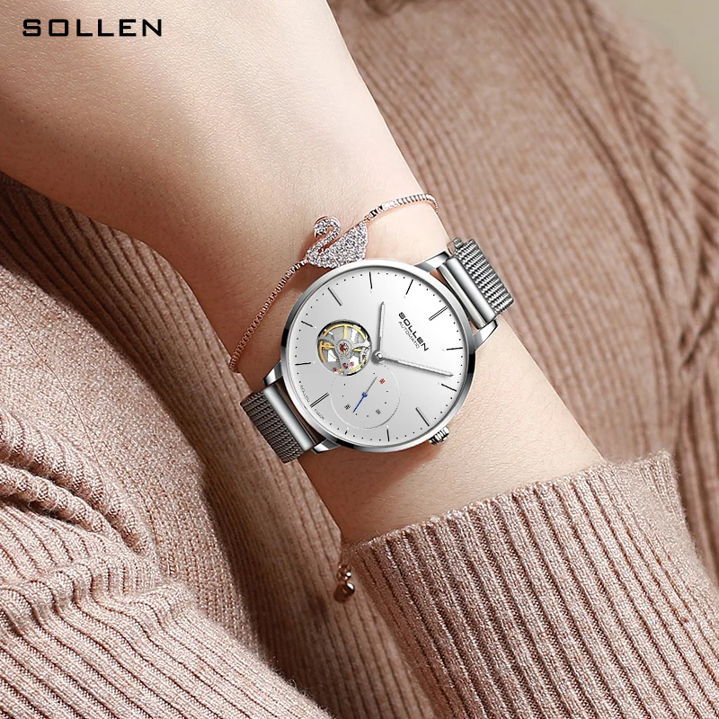 New Switzerland Luxury Brand SOLLEN Automatic Mechanical Women\'s Watches Waterproof Dual Skeleton Mesh Band Ladies Clocks SL418