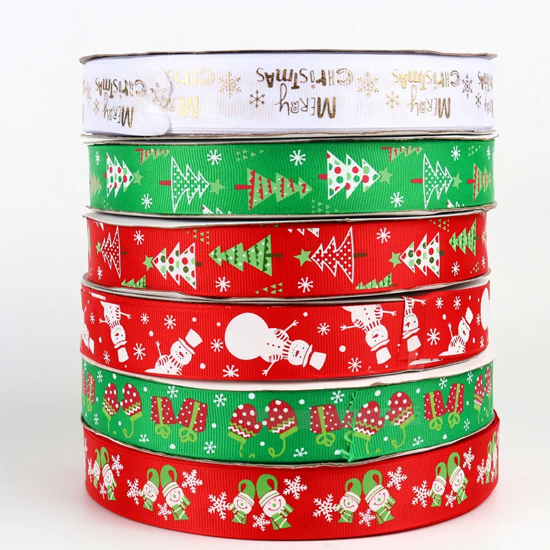 5yards 25mm Wide Grosgrain Christmas Ribbon Red Green Printed White Snowflake Grosgrain Ribbon Gift Ribbons Christmas Decoration