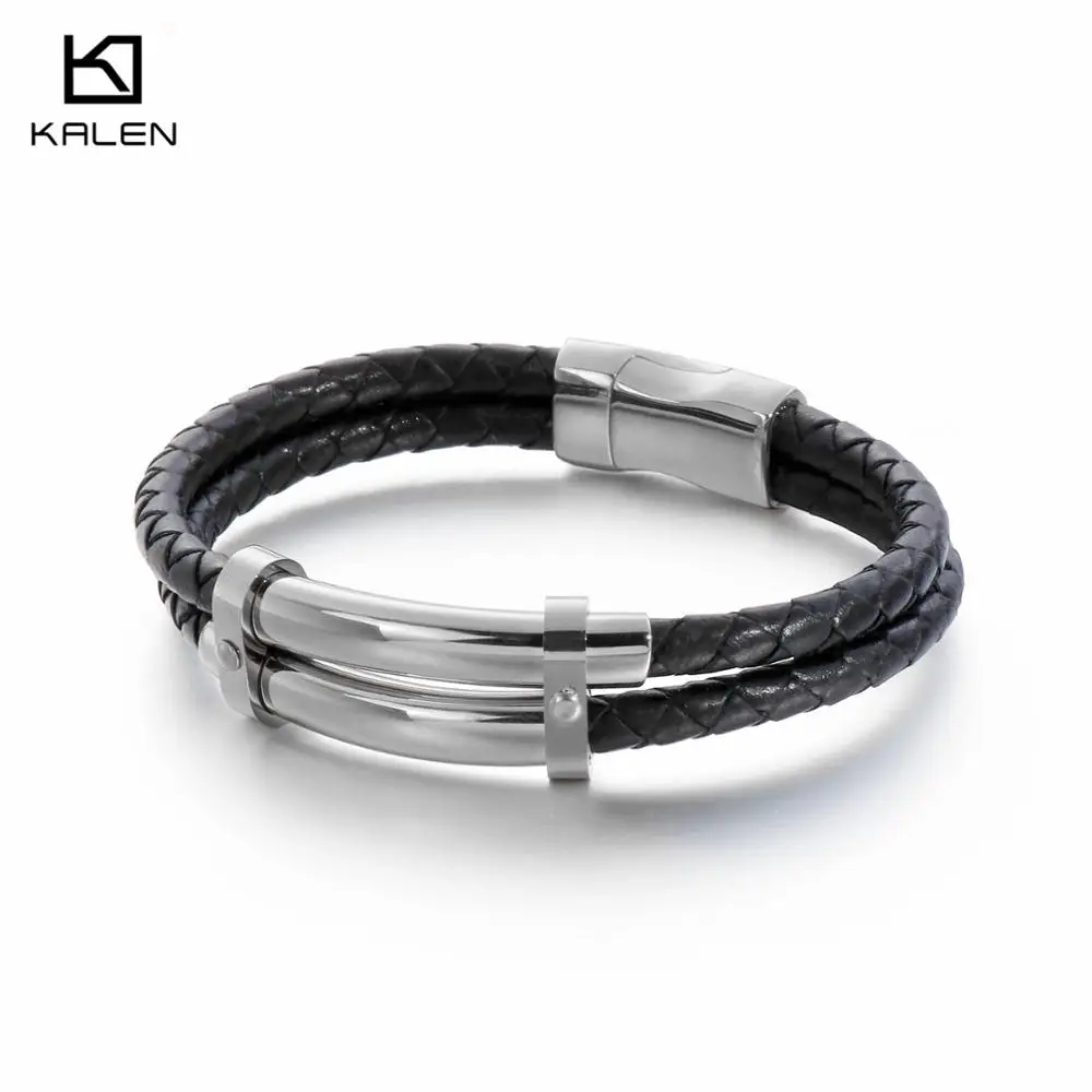 Vintag 21cm Double-Layered Leather Bracelet Men Stainless Steel  Charm Wrap Wristband e Jewelry Accessories