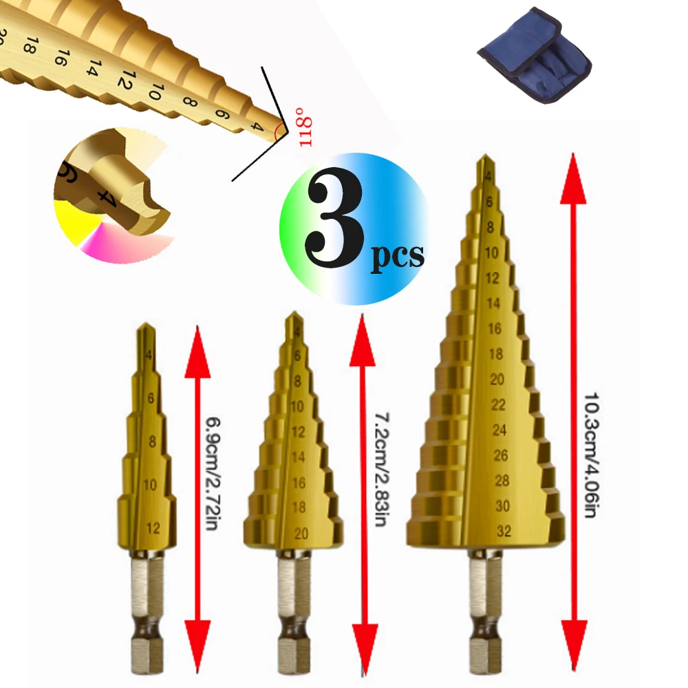 Wholesales Step Drill Bit 3pcs  Titanium Steel Woodworking Metal Drilling Set Step Cone Cutting Tools