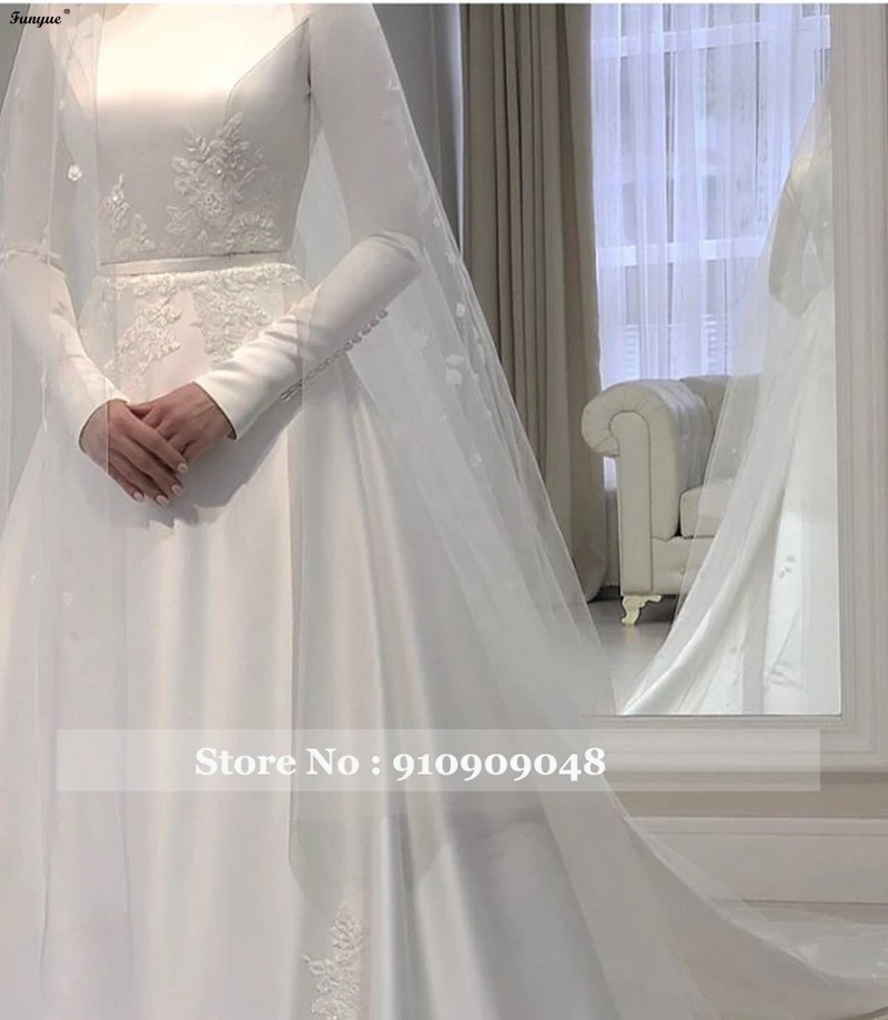 Vestido De Novia 2024 z długimi rękawami muzułmańska suknia ślubna z welunowanymi aplikacjami koronkowa satynowa linia prosta panna młoda sukienka