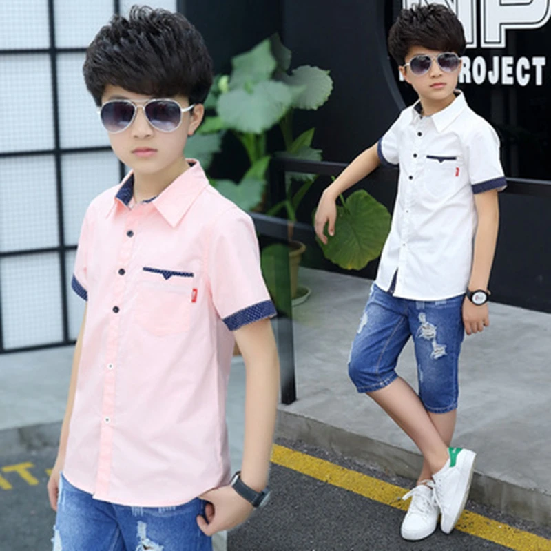 School Boys Shirts Short Sleeve Blouses For Boys Children Clothing Cotton Turn-Down Collar Kids Tops 5 7 9 11 13 15 Years Old